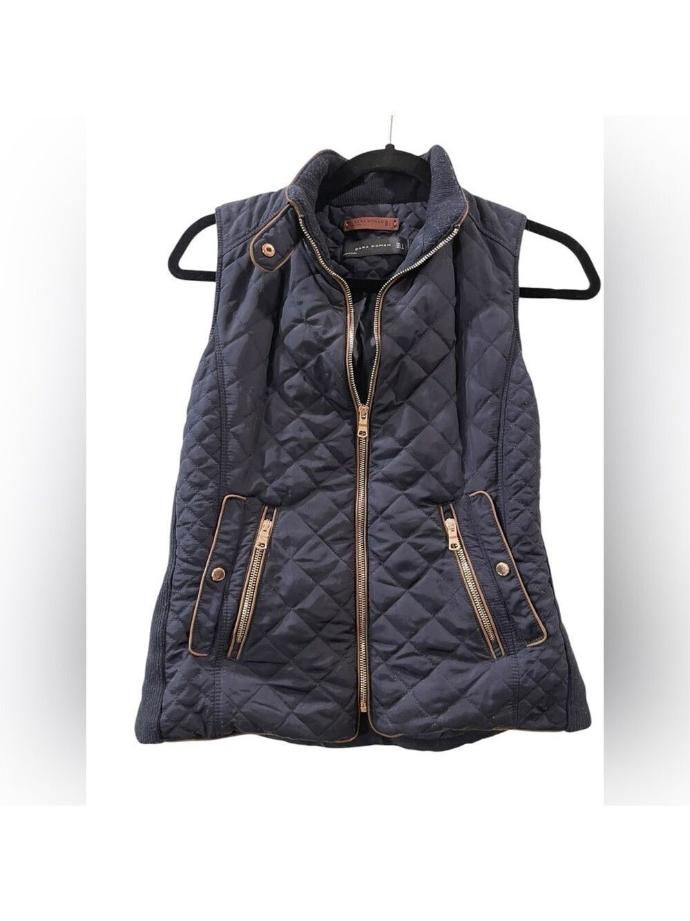 Zara Woman Quilted Blue Zipup Vest Jacket Size: Small